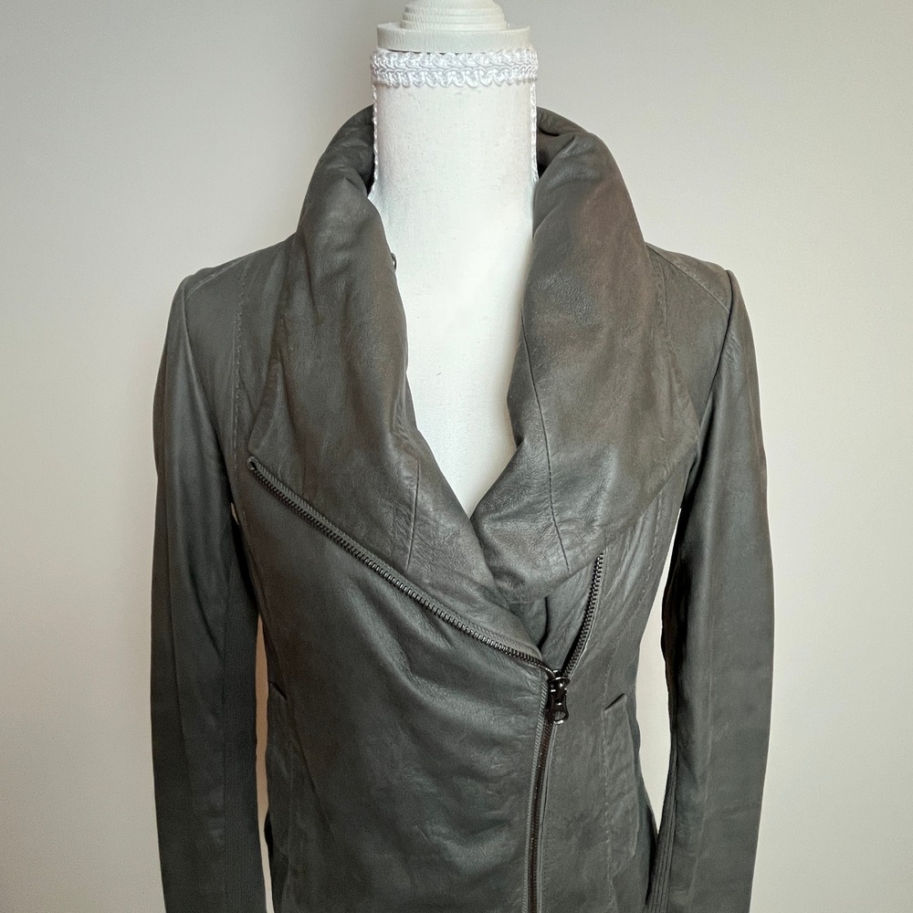 Vince Olive Green Leather Asymmetrical Zip Funnel Neck Moto Jacket Avant GardeXS